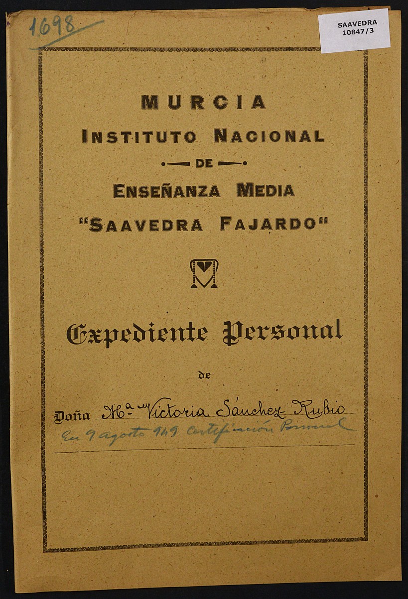 Expediente académico nº 1698: María Victoria Sánchez Rubio.