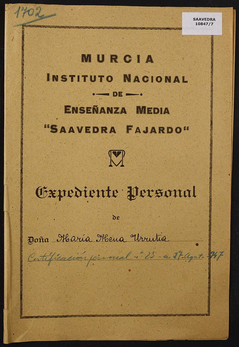 Expediente académico nº 1702: María Mena Urrutia.