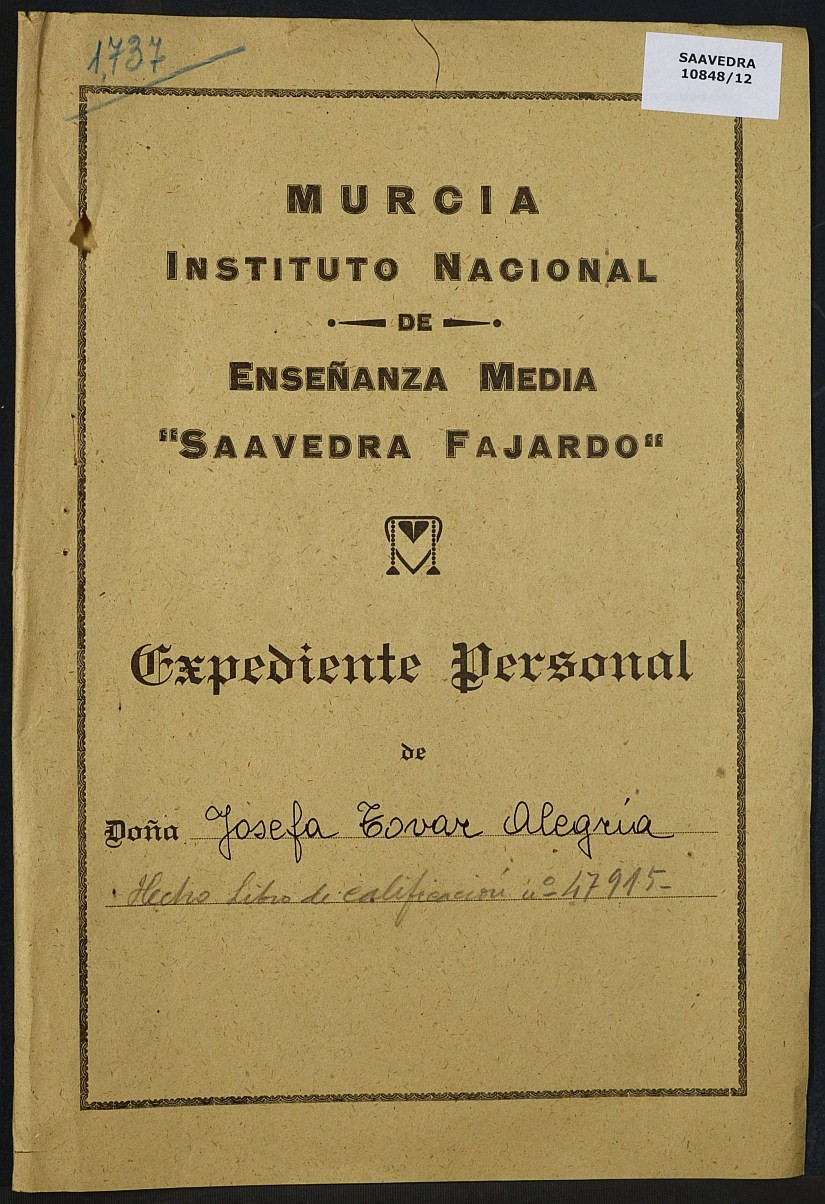 Expediente académico nº 1737: Josefa Tovar Alegría.