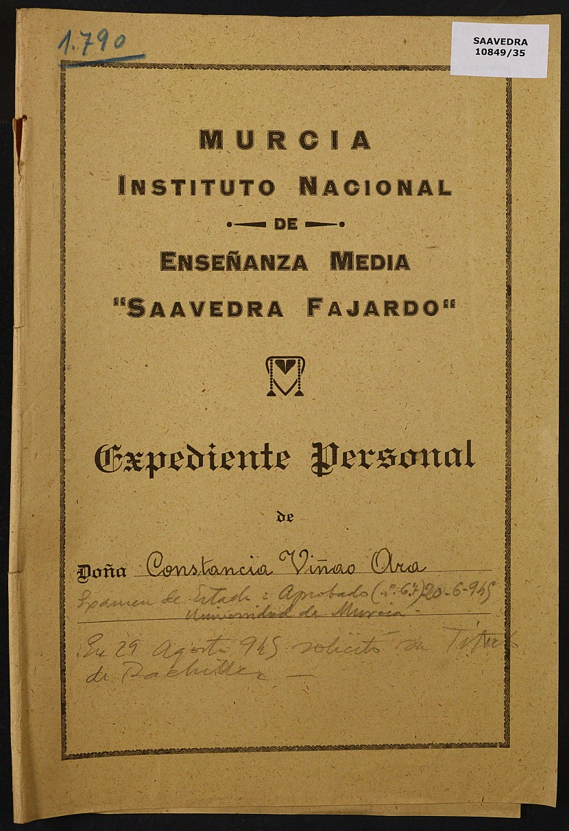 Expediente académico nº 1790: Constancia Viñao Ara.