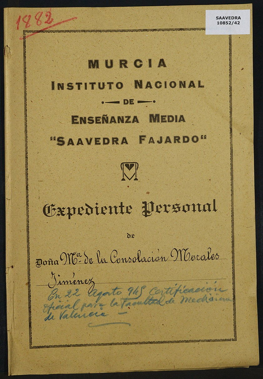 Expediente académico nº 1882: María de la Consolación Morales Jiménez.