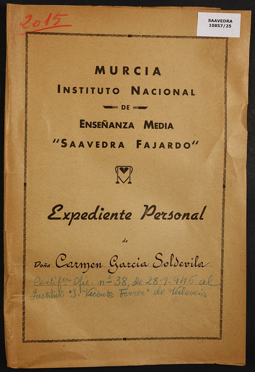Expediente académico nº 2015: Carmen García Soldevila.