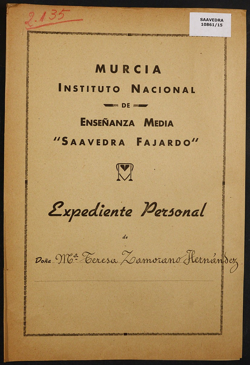 Expediente académico nº 2135: María Teresa Zamorano Hernández.