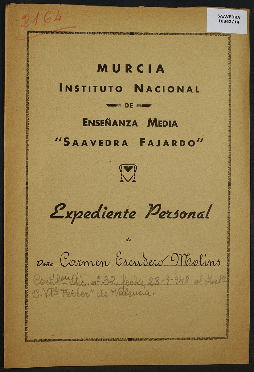 Expediente académico nº 2164: Carmen Escudero Molins.