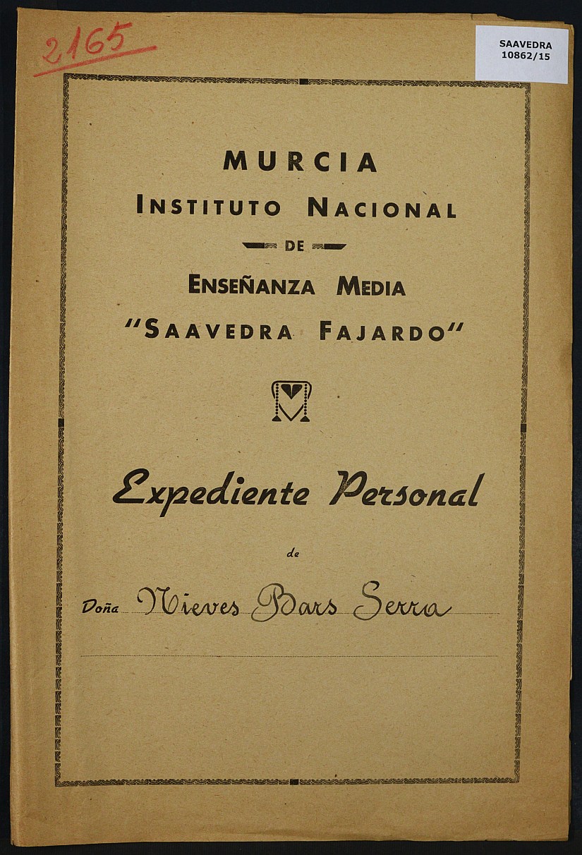 Expediente académico nº 2165: Nieves Bars Serra.