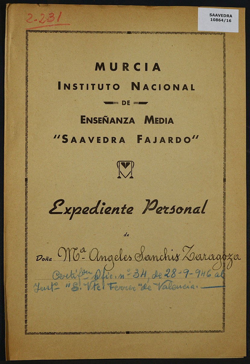 Expediente académico nº 2231: María Ángeles Sanchis Zaragoza.