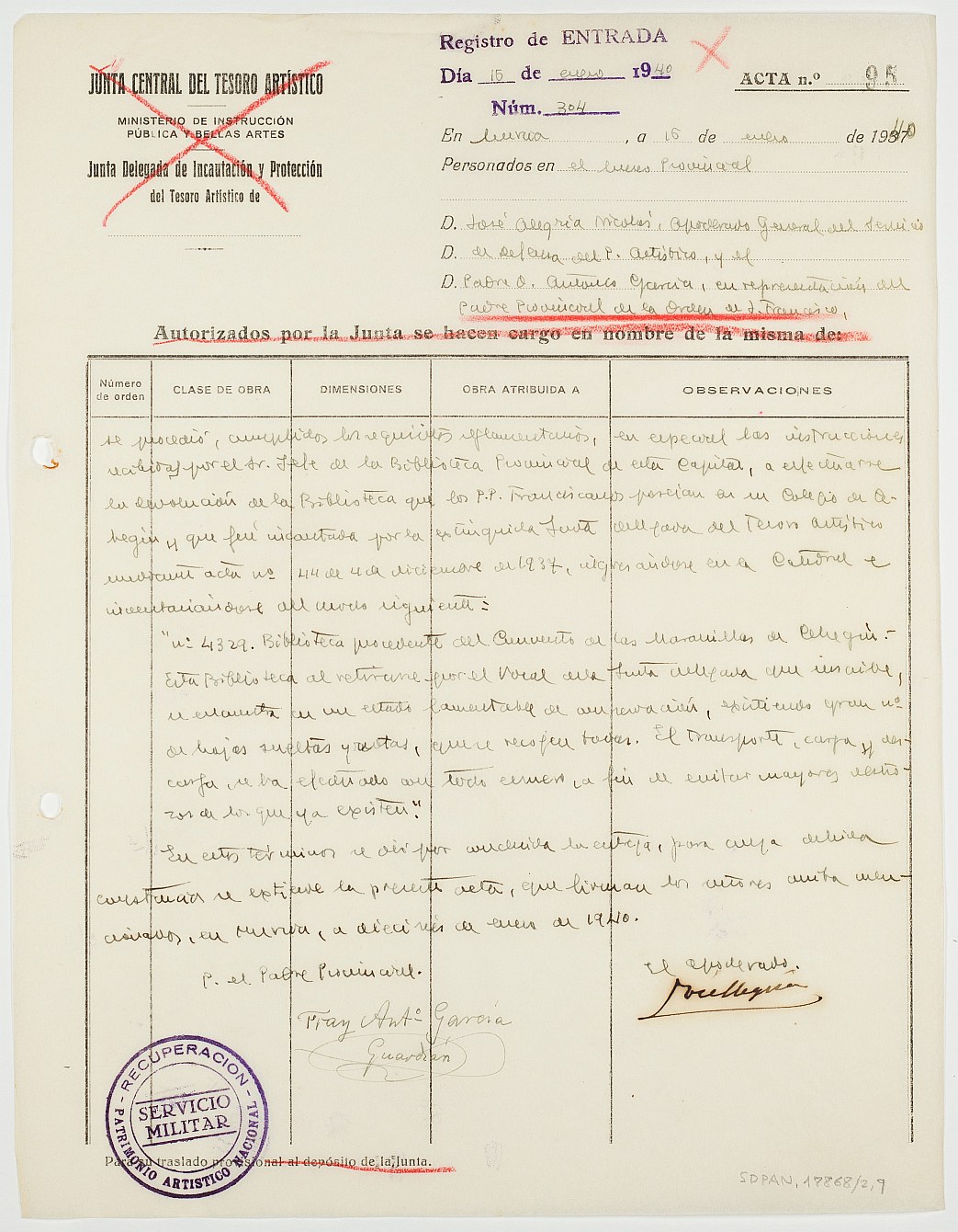Acta de entrega nº 95 de la biblioteca del convento de las Maravillas de Cehegín a la orden de San Francisco.