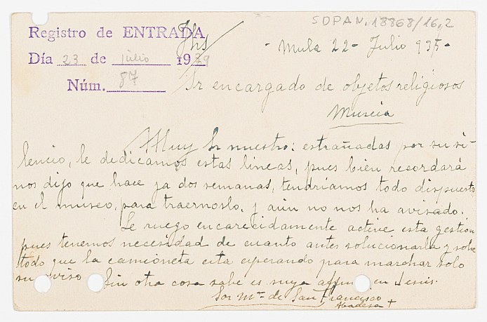 Tarjeta postal enviada por Sor María de San Francisco a José Alegría insistiendo en que se inicien los trámites para la devolución de los objetos del convento de la Encarnación de Mula.