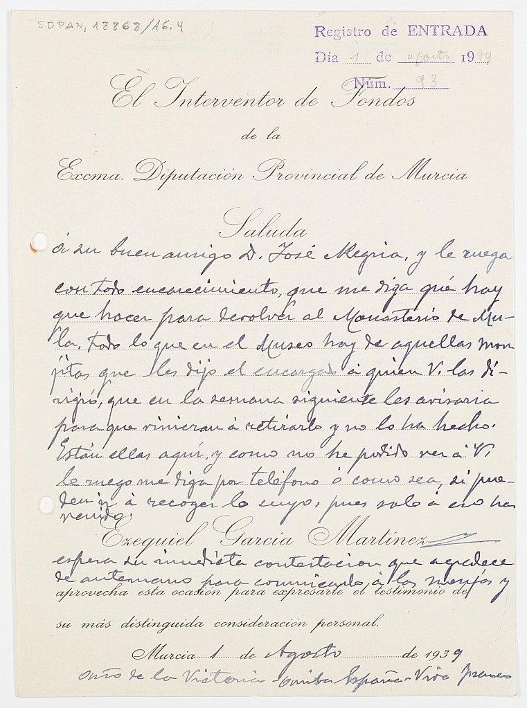 Carta enviada por Ezequiel García Martínez a José Alegría intercediendo por las monjas del 