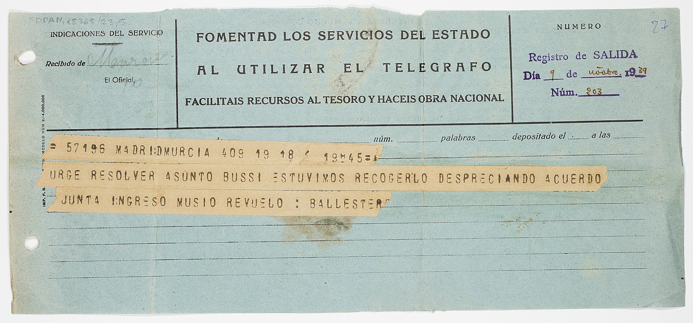 Telegrama enviado a Augusto Fernández de Avilés informándole que se debe resolver de manera urgente el asunto del Cristo de la Sangre de Nicolás de Bussy.