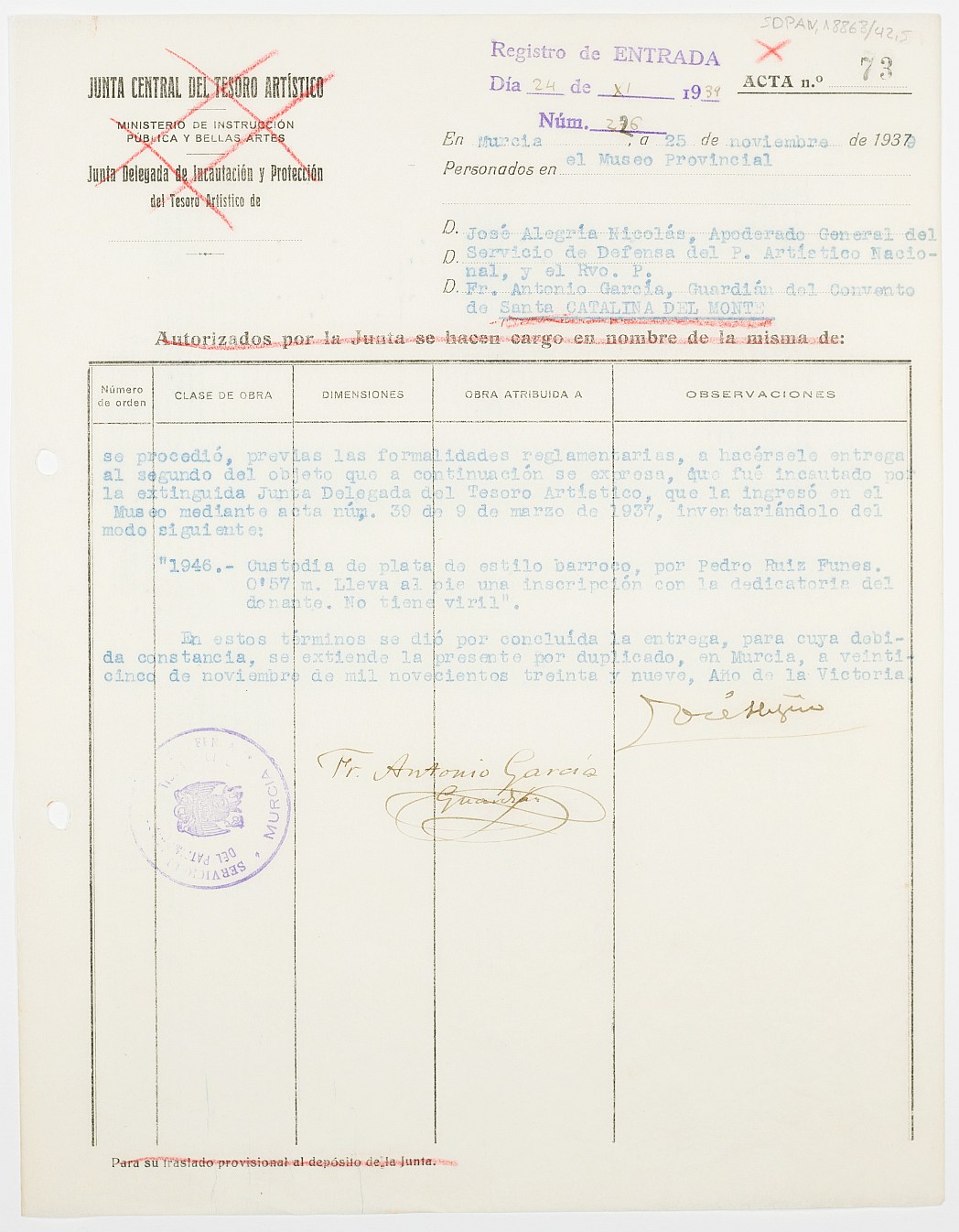 Acta de entrega nº 73 de una custodia de plata barroca realizada por Pedro Ruiz Funes al convento de Santa Catalina del Monte.