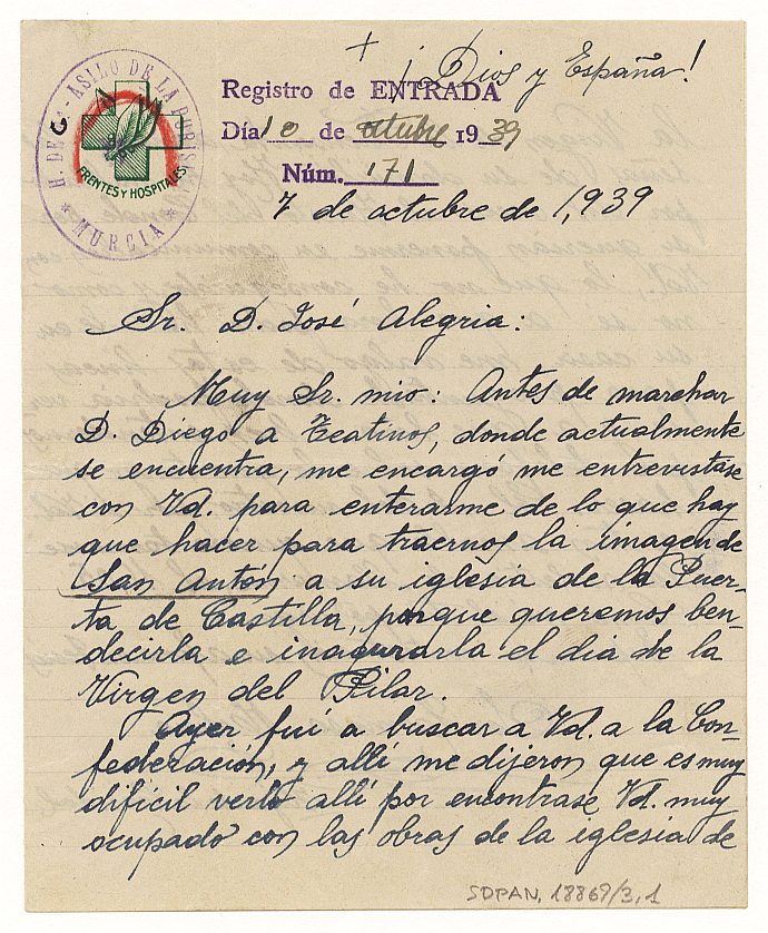 Carta enviada por Sor Tomasa Molina a José Alegría, solicitándole una reunión o una comunicación telefónica para tratar el asunto de la devolución de la imagen de San Antón a su iglesia de la Puerta de Castilla, en Murcia.