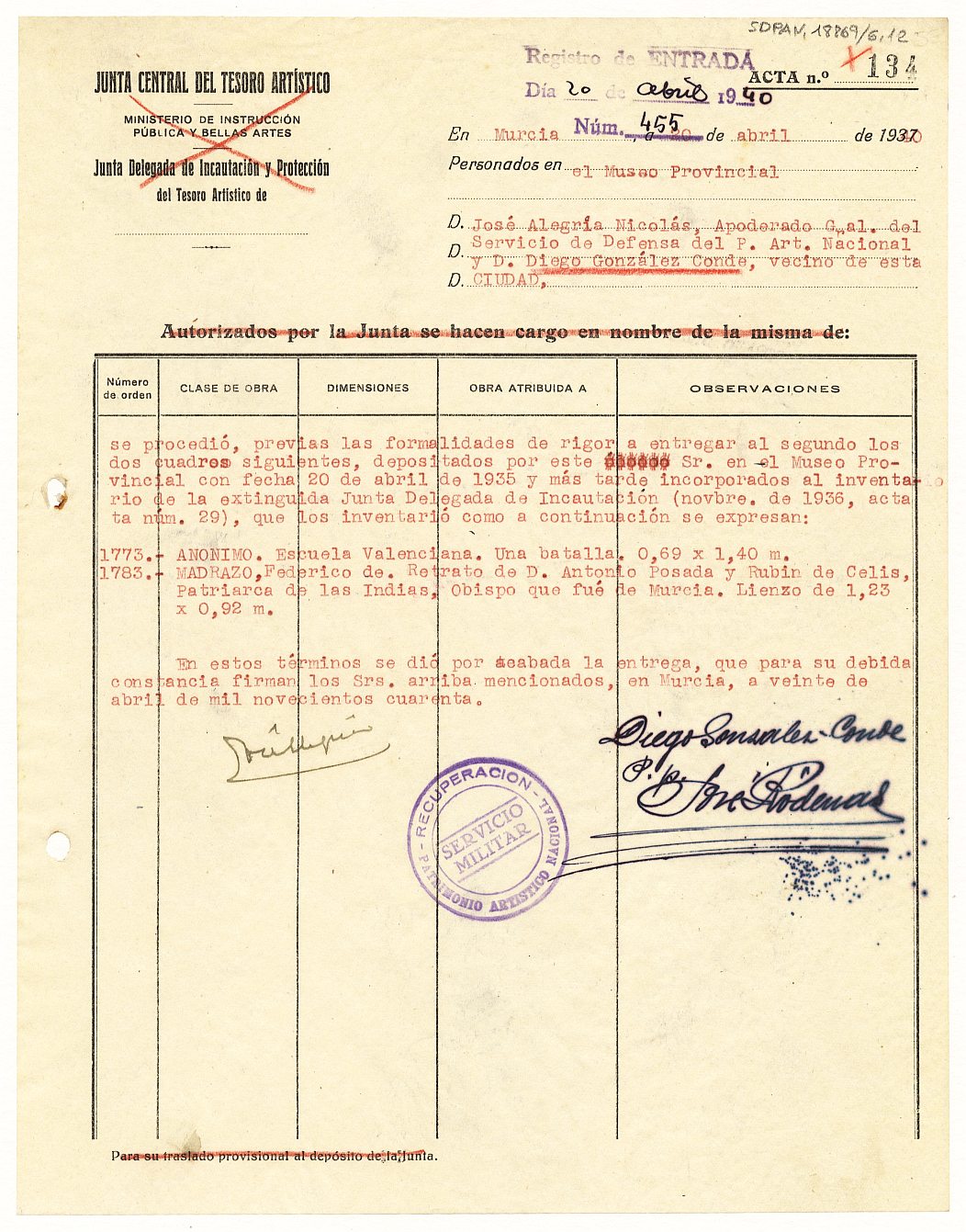 Acta de entrega nº 134 de dos cuadros a su propietario, Diego González-Conde.