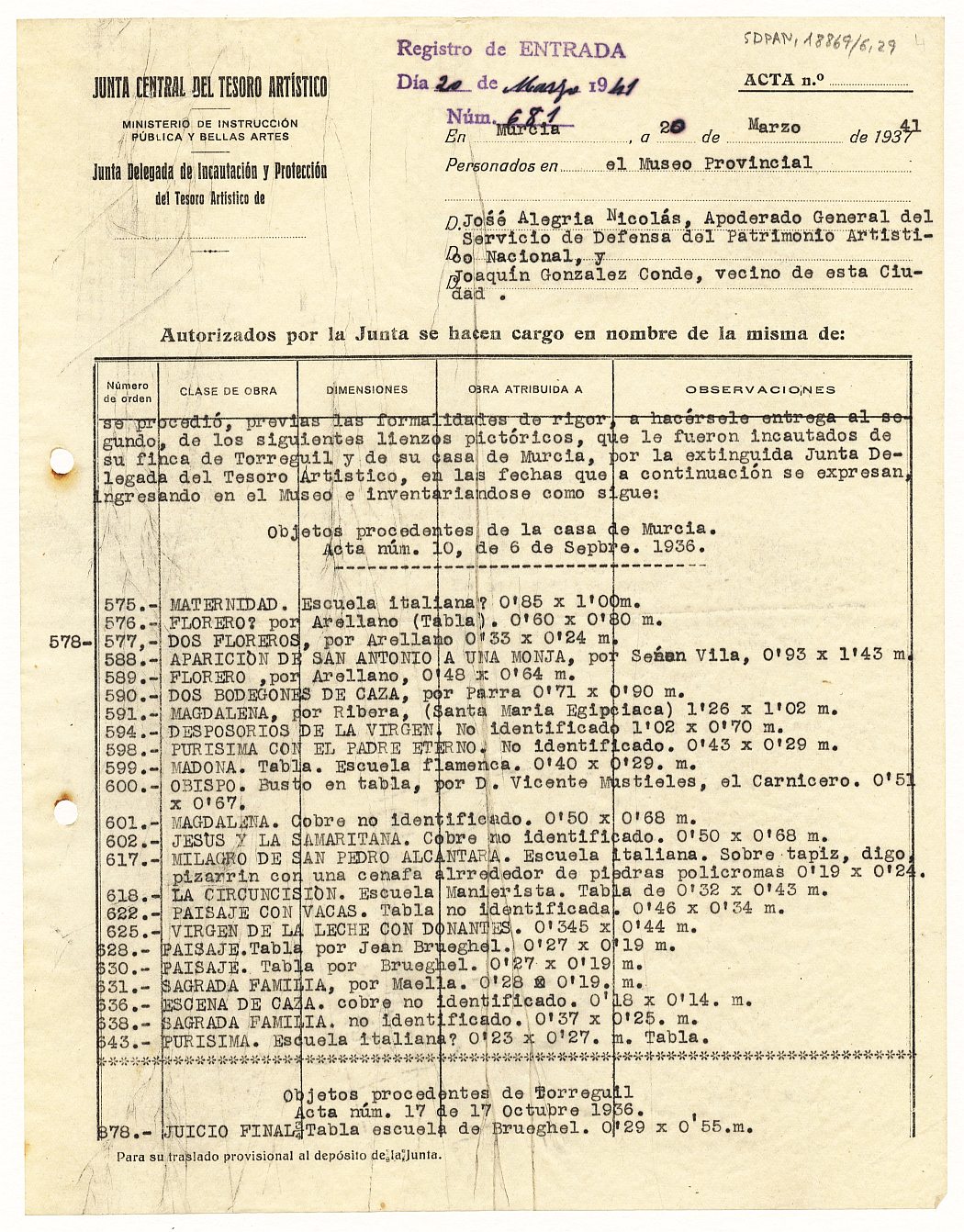 Acta de entrega s. nº de un gran lote de cuadros a su propietario, Joaquín González-Conde.