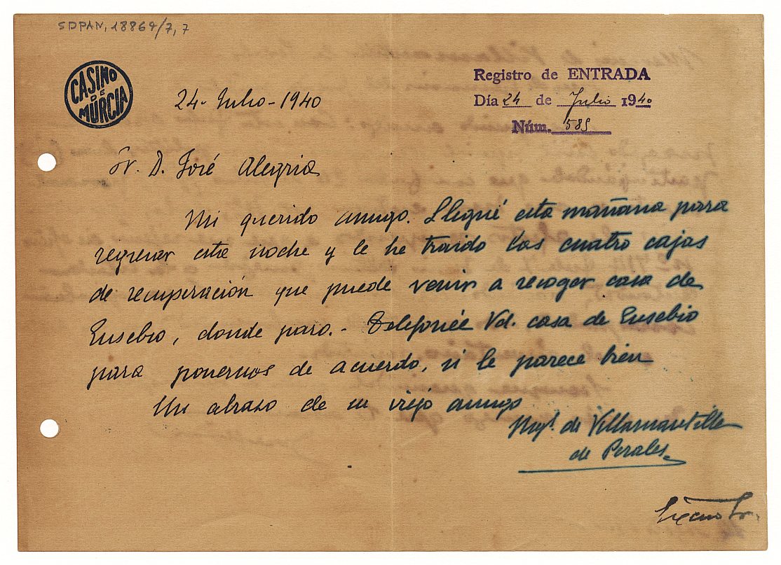 Carta de Diego González-Conde (Marqués de Villamantilla de Perales) enviada a José Alegría informando que ha traído las cuatro cajas procedentes del Juzgado militar de Albacete y respuesta de José Alegría.