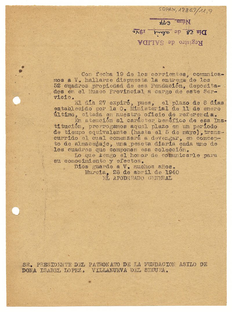 Minuta del oficio enviado al presidente del patronato de la fundación de Doña Isabel López notificándole que ha expirado el plazo para la recogida de los objetos sin que se cobren gastos de depósito, pero que, dado el carácter benéfico de esta entidad, prorrogan dicho plazo hasta el próximo 5 de mayo.