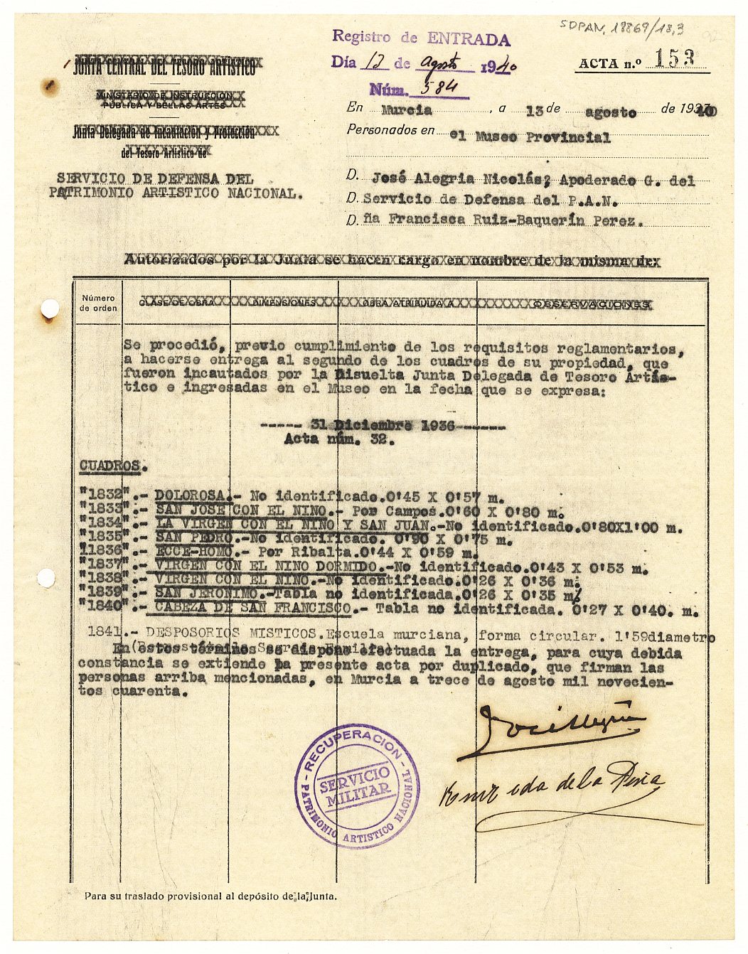 Acta de entrega nº 153 de un lote de cuadros a su propietaria, Dª Francisca Ruíz-Baquerín Pérez.