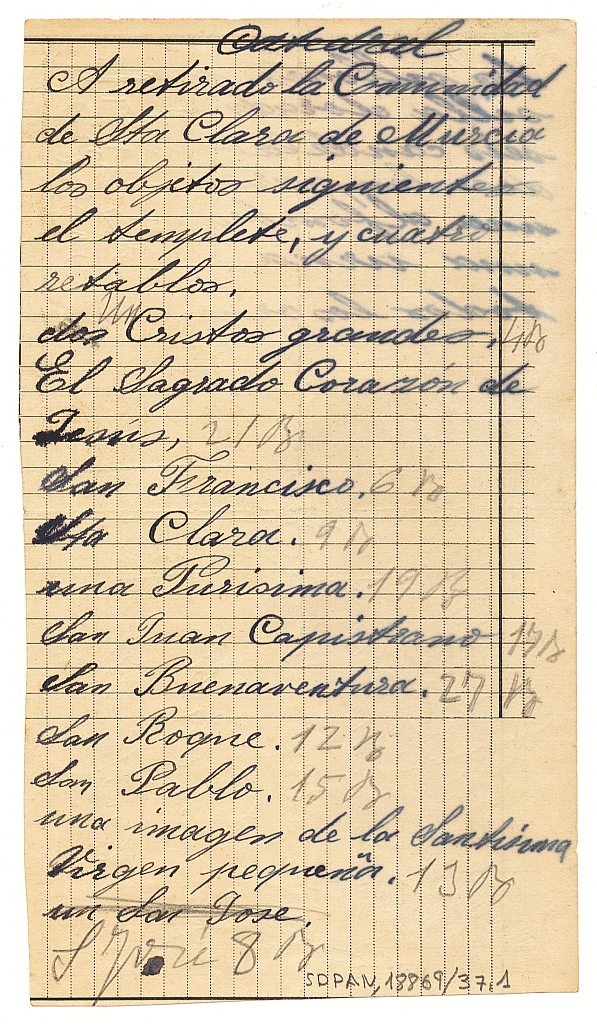 Lista manuscrita de los objetos retirados por la comunidad de Santa Clara del depósito de la catedral de Murcia.