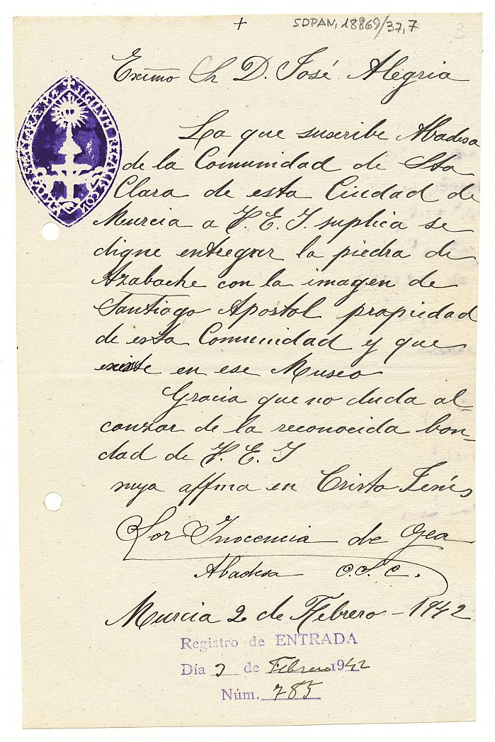 Carta enviada por Sor Inocencia de Gea, abadesa del convento de Santa Clara de Murcia solicitando la devolución de una piedra de azabache con la imagen de Santiago Apóstol, propiedad de su comunidad.