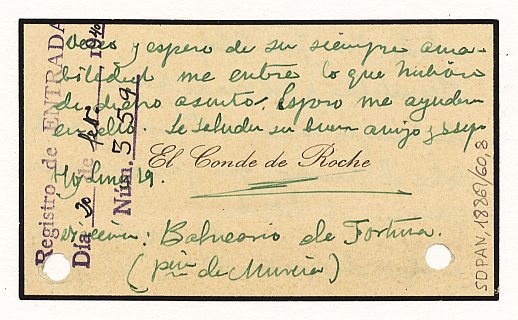 Tarjeta de visita del conde de Roche con comunicación escrita a José Alegría en la que le pregunta sobre el estado de los trámites para la adquisición de su cuadro del Entierro de Cristo por parte del Estado.