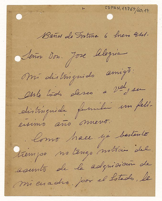 Carta enviada por el conde de Roche a José Alegría interesándose por el estado de los trámites para la adquisición de su cuadro del 