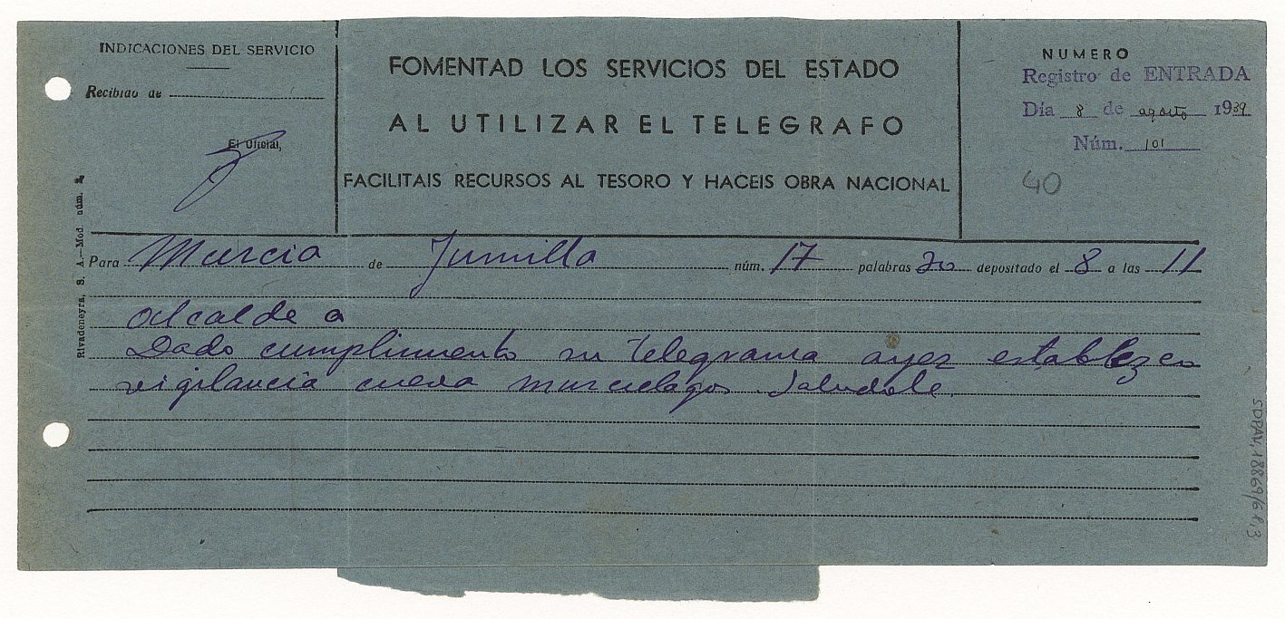 Telegrama remitido por el alcalde de Jumilla al Servicio de Defensa del Patrimonio Artístico Nacional informando que se establece vigilancia en la cueva de los murciélagos.