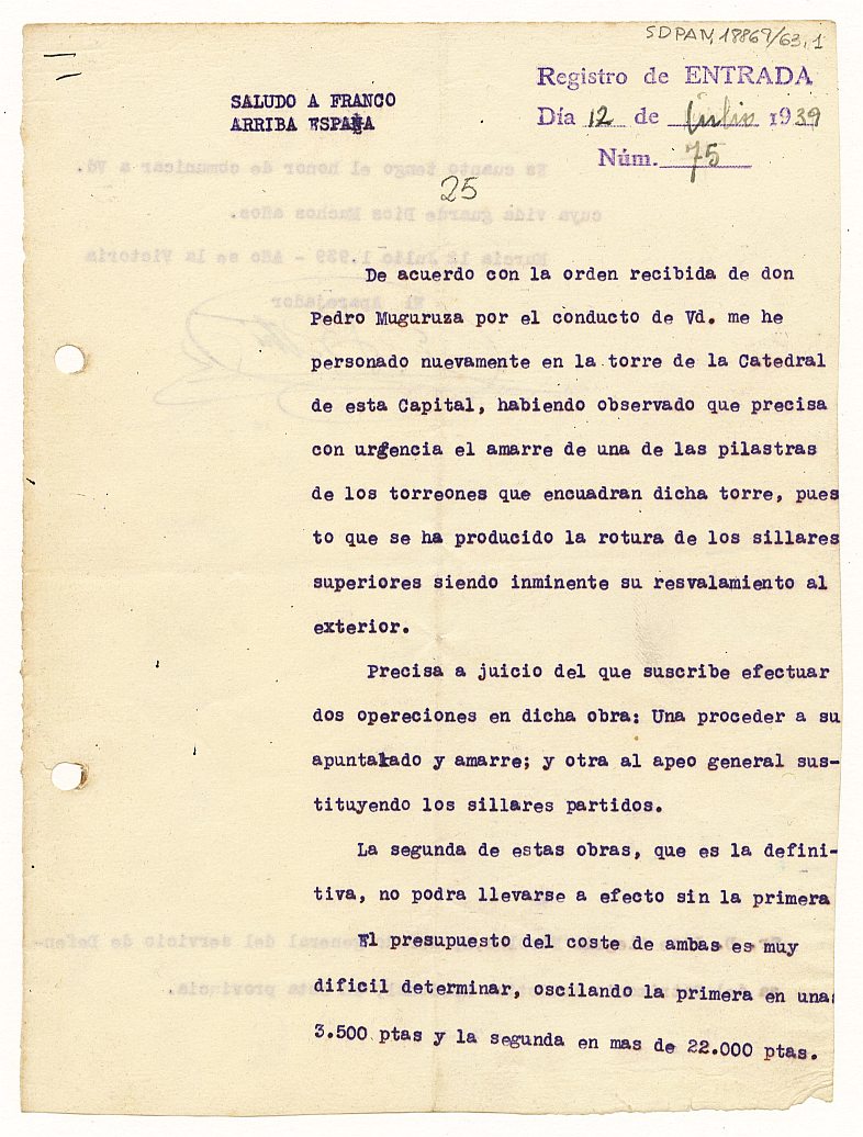 Dosier con documentos relativos a las intervenciones y restauraciones promovidas por el Servicio de Defensa del Patrimonio Artístico Nacional en la catedral de Murcia.
