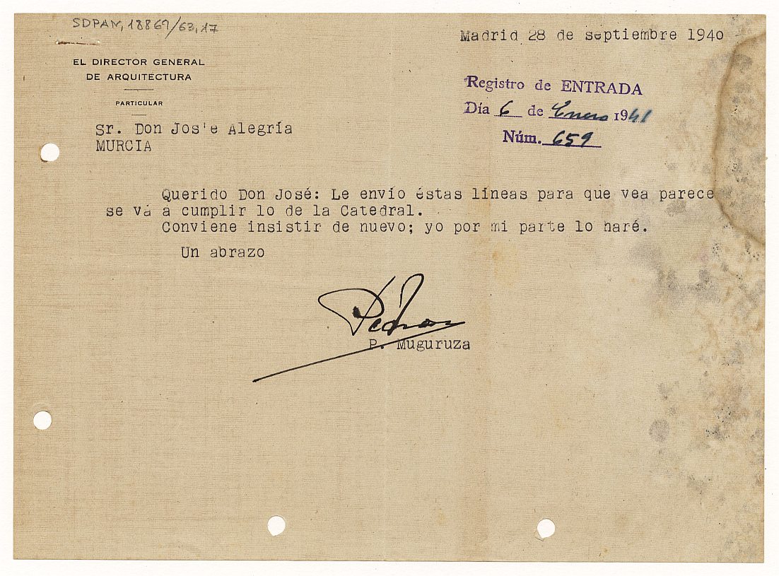 Carta enviada por Pedro Muguruza al Servicio de Defensa del Patrimonio Artístico Nacional de Murcia con motivo de las obras de restauración de la torre de la Catedral de Murcia.