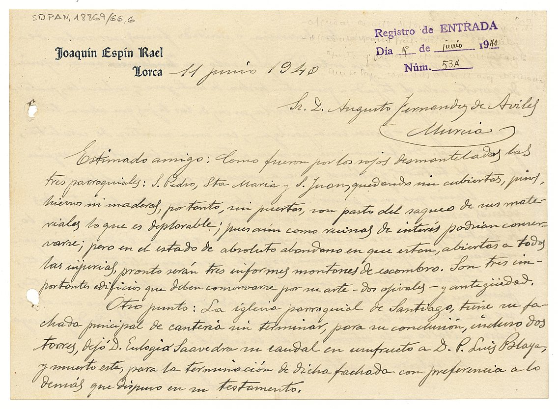 Carta enviada por Joaquín Espín Rael en la que informa sobre el estado de conservación de varias iglesias de Lorca: San Pedro, Santa María, San Juan y Santiago.