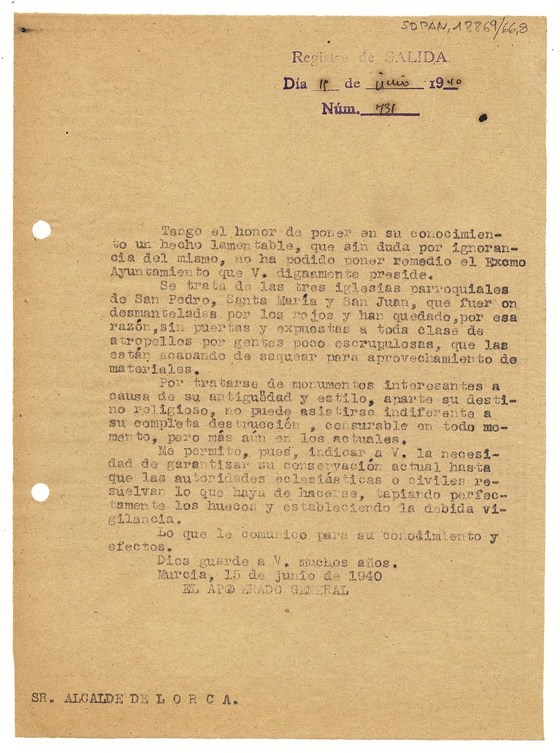 Minuta del oficio enviado al ayuntamiento de Lorca solicitando el cierre y la vigilancia de las iglesias parroquiales de San Pedro, Santa María y San Juan, ya que fueron desmanteladas y se encuentran sin puertas y expuestas al saqueo.