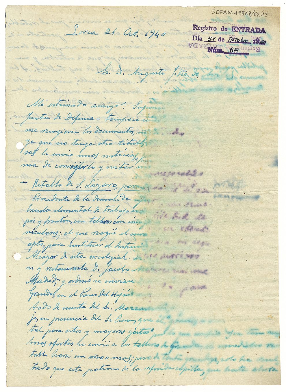 Carta enviada por Joaquín Espín Rael informando de diferentes asuntos que atañen al patrimonio de Lorca.