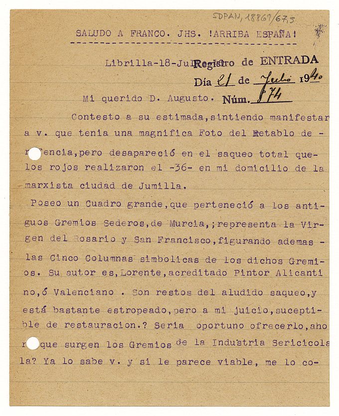 Carta enviada por B. López a Augusto Fernández de Avilés informándole que la fotografía del retablo que le solicita despareció en un saqueo efectuado en su casa de jumilla en 1936.