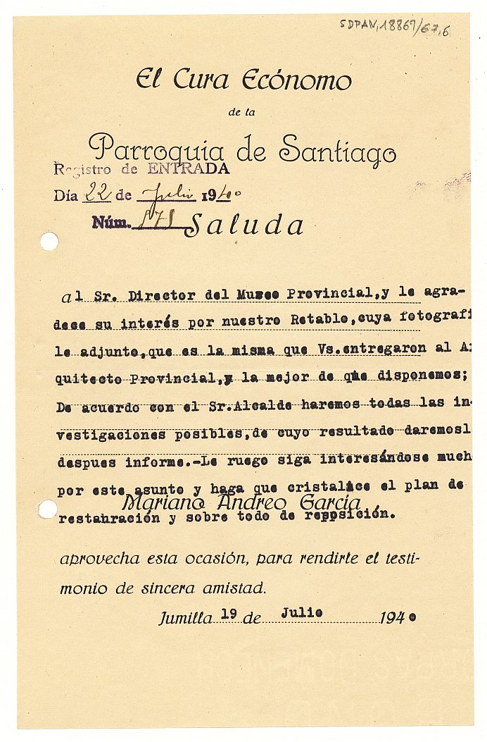 Carta de Mariano Andreo García, cura ecónomo de la parroquia de Santiago de Jumilla informando del envío de fotografías del retablo y de la próxima realización de un informe.