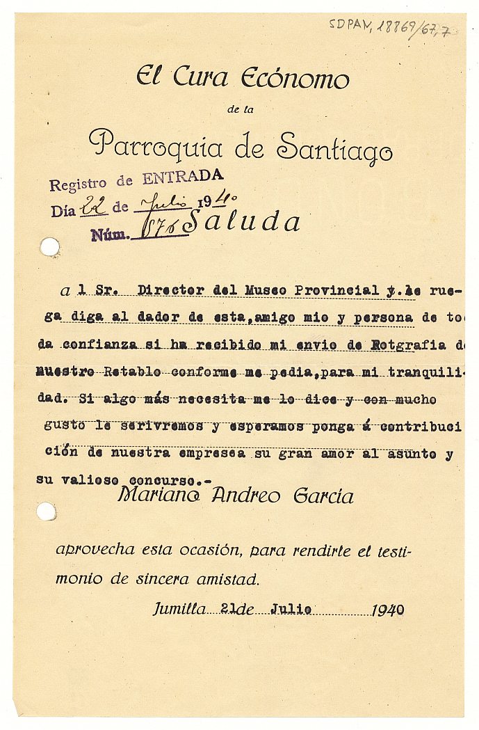 Carta de Mariano Andreo García, cura ecónomo de la parroquia de Santiago de Jumilla solicitado acuse de recibo de las fotografías enviadas en la anterior carta.