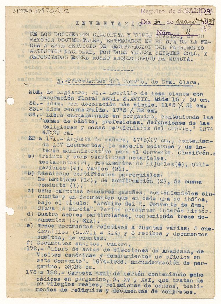 Inventario mecanografiado de los 155 objetos, la mayoría documentales, entregados al Servicio de Defensa del Patrimonio Artístico Nacional de Murcia por Dª Teresa Séiquer Coll y depositados en el Museo Provincial.