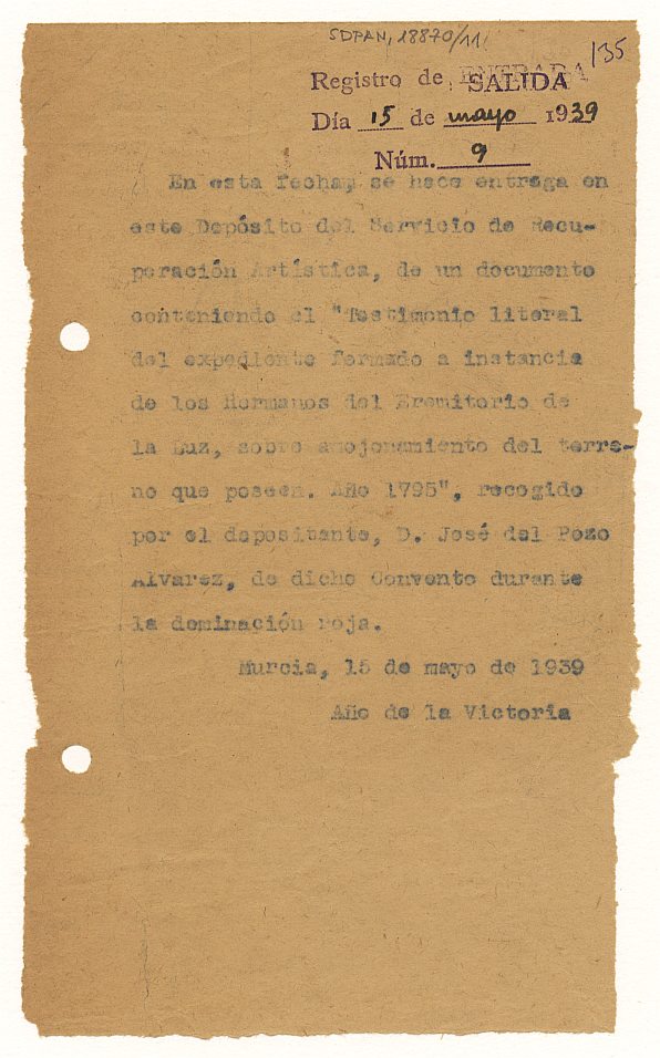 Minuta del recibo con el que se da constancia de la entrega en el depósito del Museo Provincial por José del Pozo Álvarez del documento titulado 
