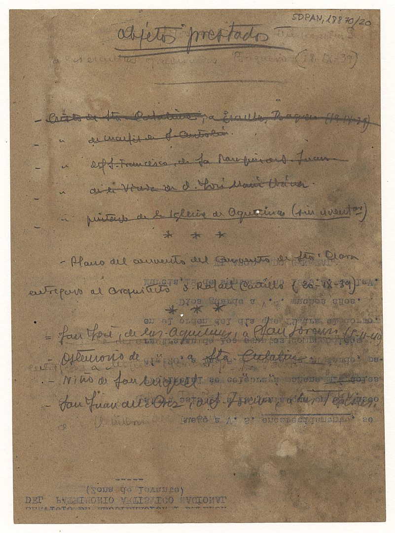 Lista manuscrita de los objetos prestados por el Servicio de Defensa del Patrimonio Artístico Nacional.