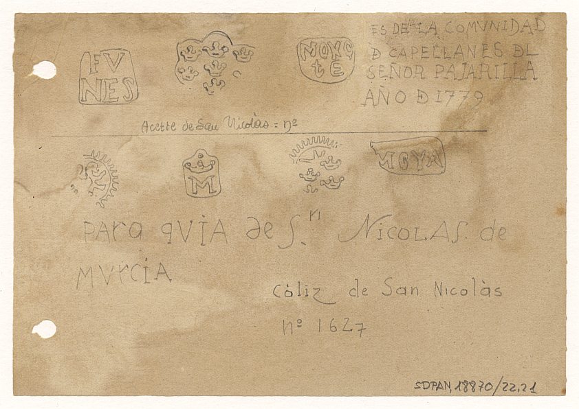 Facsímil de las marcas e inscripciones presentes en un acetre y en un cáliz de la iglesia de San Nicolás de Murcia.