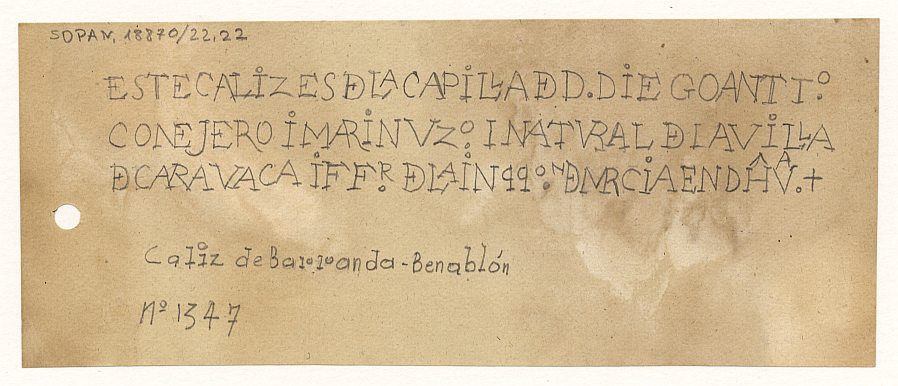 Facsímil de la inscripción presente en un cáliz procedente de la iglesia de Barranda - Benablón.