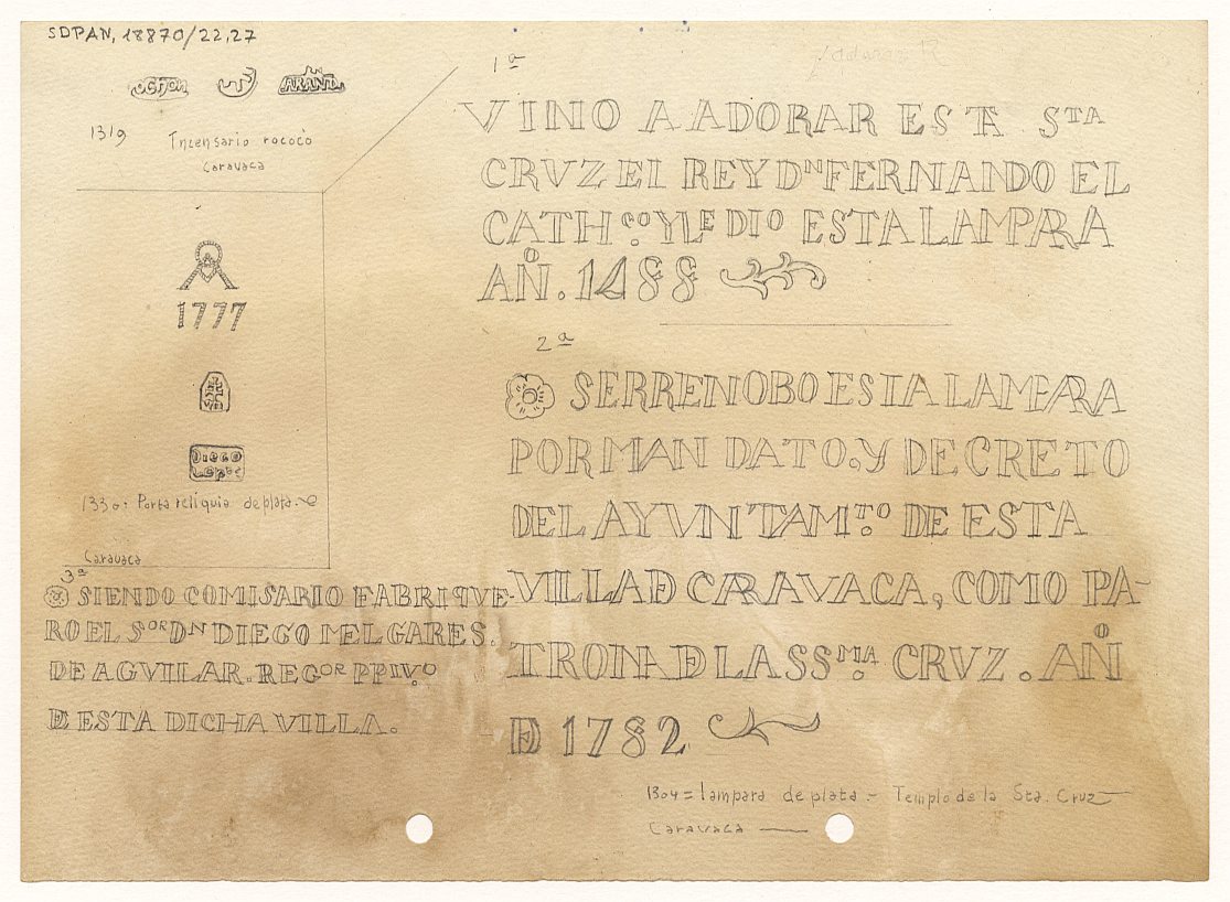 Facsímil de las marcas e inscripciones presentes en varias piezas de orfebrería procedentes de Caravaca.