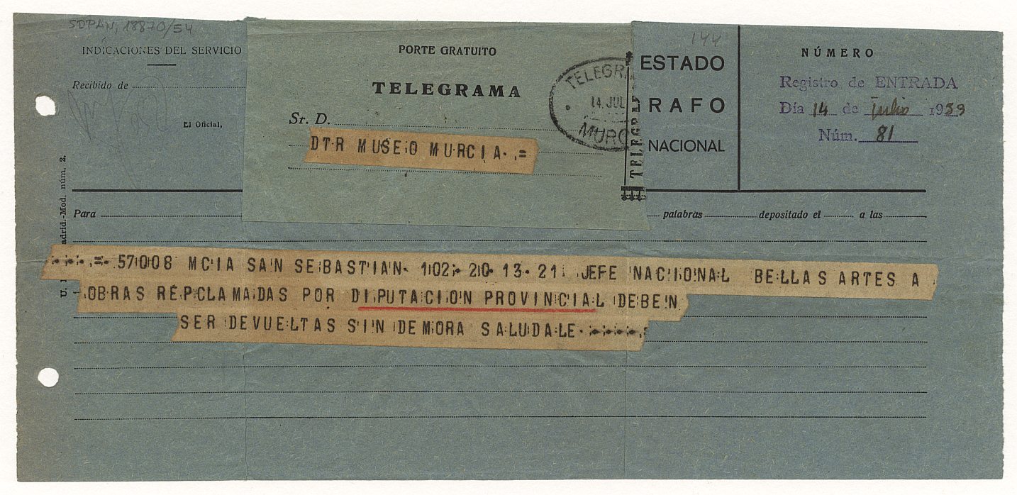 Telegrama remitido por el Jefe Nacional de Bellas Artes ordenando que sean devueltas, sin demora, las obras reclamadas por la Diputación Provincial.