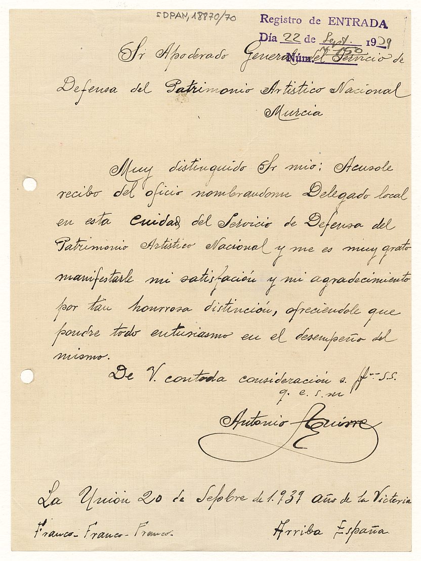 Carta de Antonio Aguirre enviada a José Alegría en la que acusa el recibo del oficio que lo nombra como delegado local del Servicio de Defensa del Patrimonio Artístico Nacional en la localidad de La Unión.