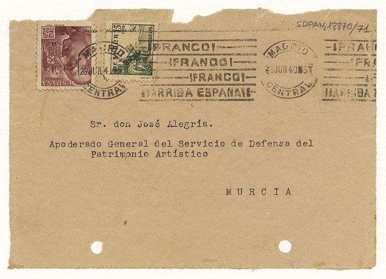 Carta de Pedro Muguruza a José Alegría en la que tratan varios asuntos relativos a los proyectos del Servicio de Defensa del Patrimonio Artístico Nacional de Murcia.