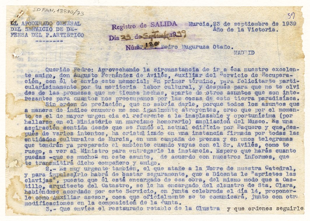 Minuta de una carta enviada por José Alegría a Pedro Muguruza exponiéndole varios asuntos pendientes que puede tratar personalmente con Augusto Fernández de Avilés con motivo del viaje que este realizará a Madrid.