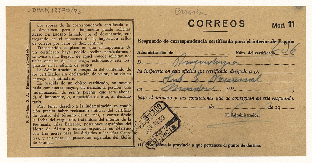 Resguardo de una carta certificada enviada por el Servicio de Defensa del Patrimonio Artístico Nacional de Murcia.
