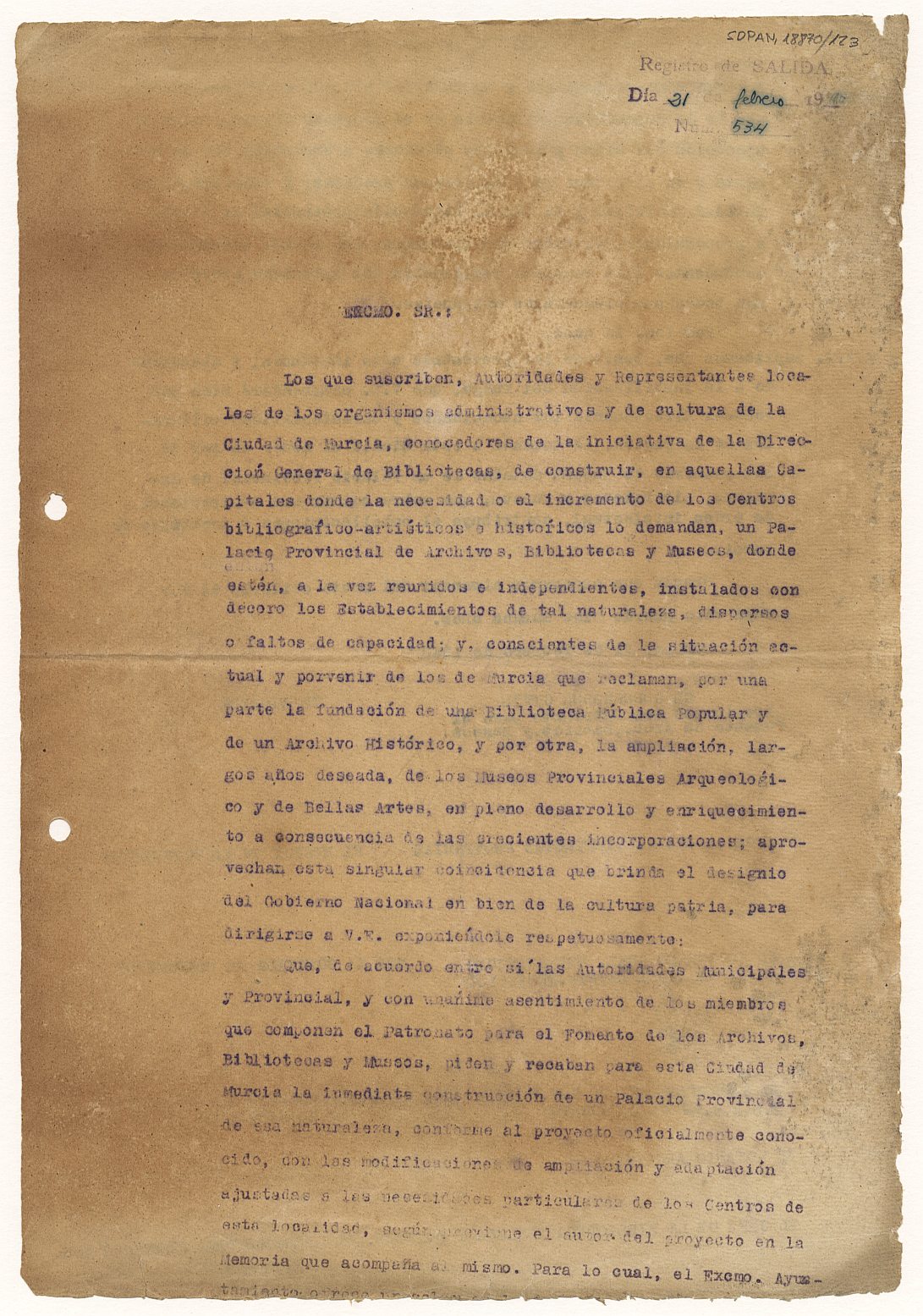 Minuta del oficio enviado al Ministerio de Educación Nacional exponiéndole la necesidad de la construcción en Murcia de un Palacio Provincial de Archivos, Bibliotecas y Museos.