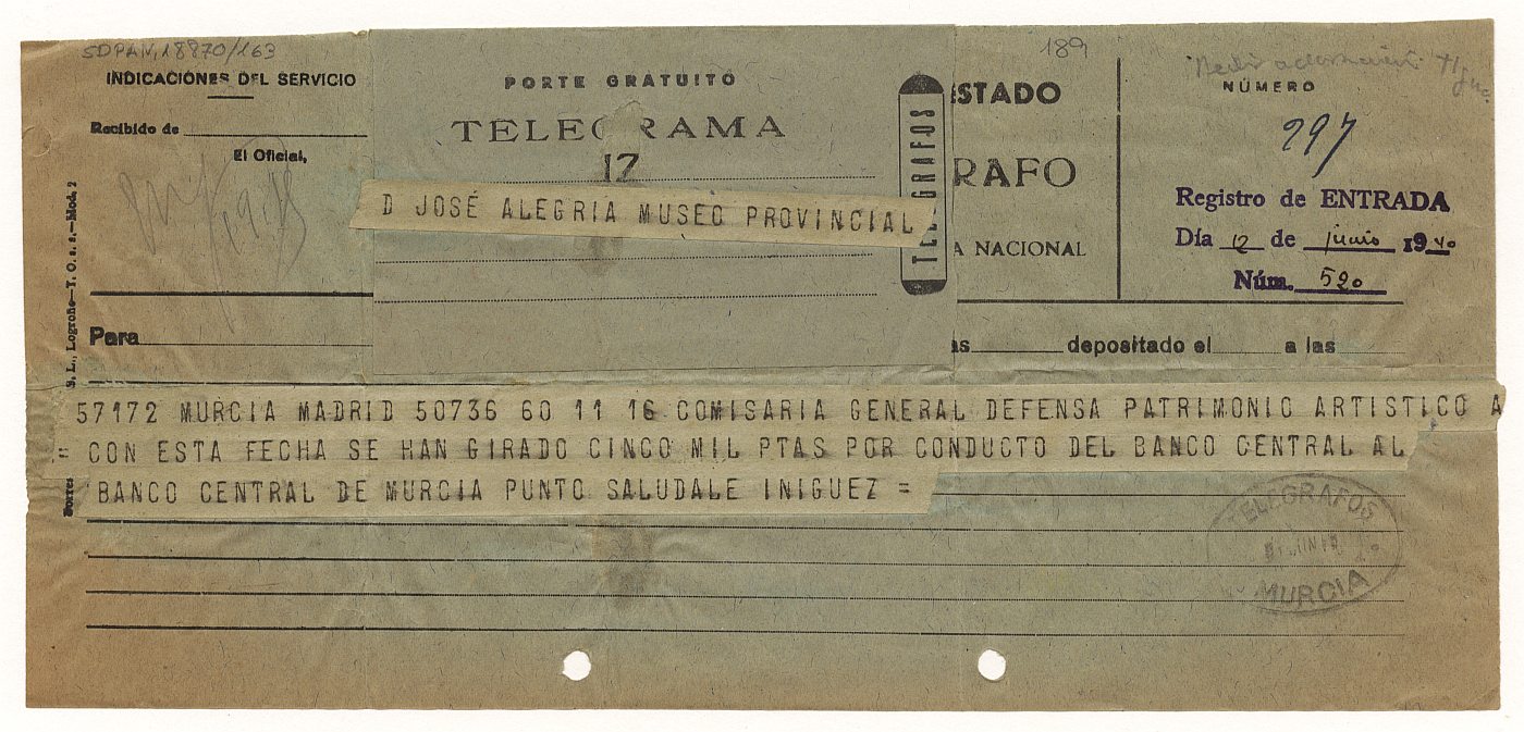 Telegrama enviado por la Comisaría General del Servicio de Defensa del Patrimonio Artístico Nacional a la oficina de Murcia informando del giro de 5000 pesetas al Banco Central de Murcia.