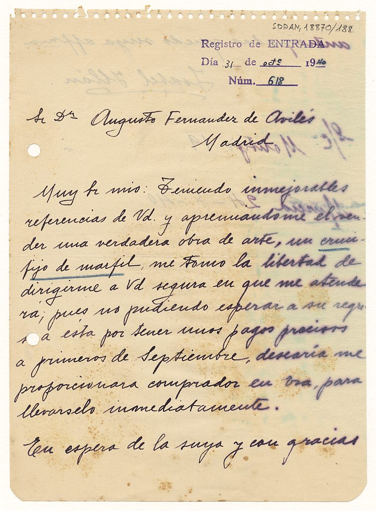 Carta enviada por Isabel Illán a Augusto Fernández de Avilés exponiéndole su deseo de vender un Cristo de marfil de su propiedad.