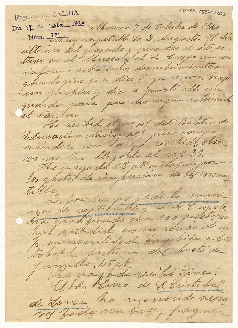 Carta enviada por Fernando Nicolás a Augusto Fernández de Avilés relativa a varios asuntos del Servicio de Defensa del Patrimonio Artístico Nacional de Murcia.