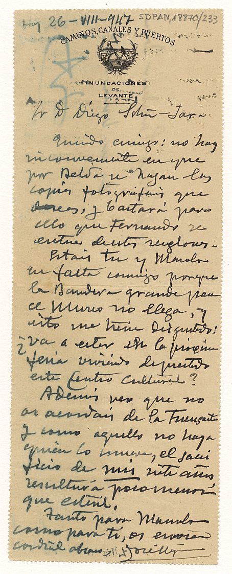 Carta de José Alegría Nicolás dirigida a Diego Sánchez-Jara.